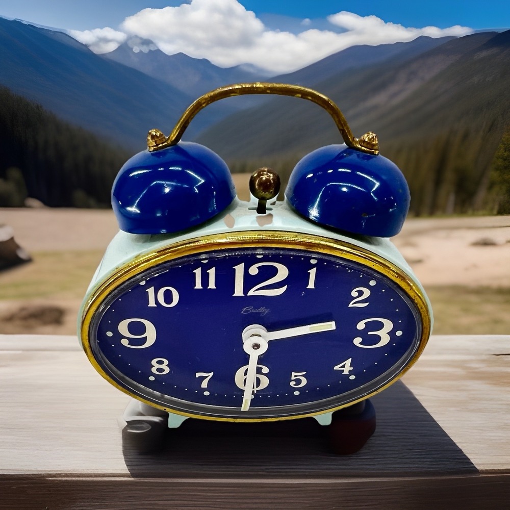 Vtg Bradley West Germany Twin Bell Alarm Clock Blue Brass Wind Up Retro MCM 9.5"